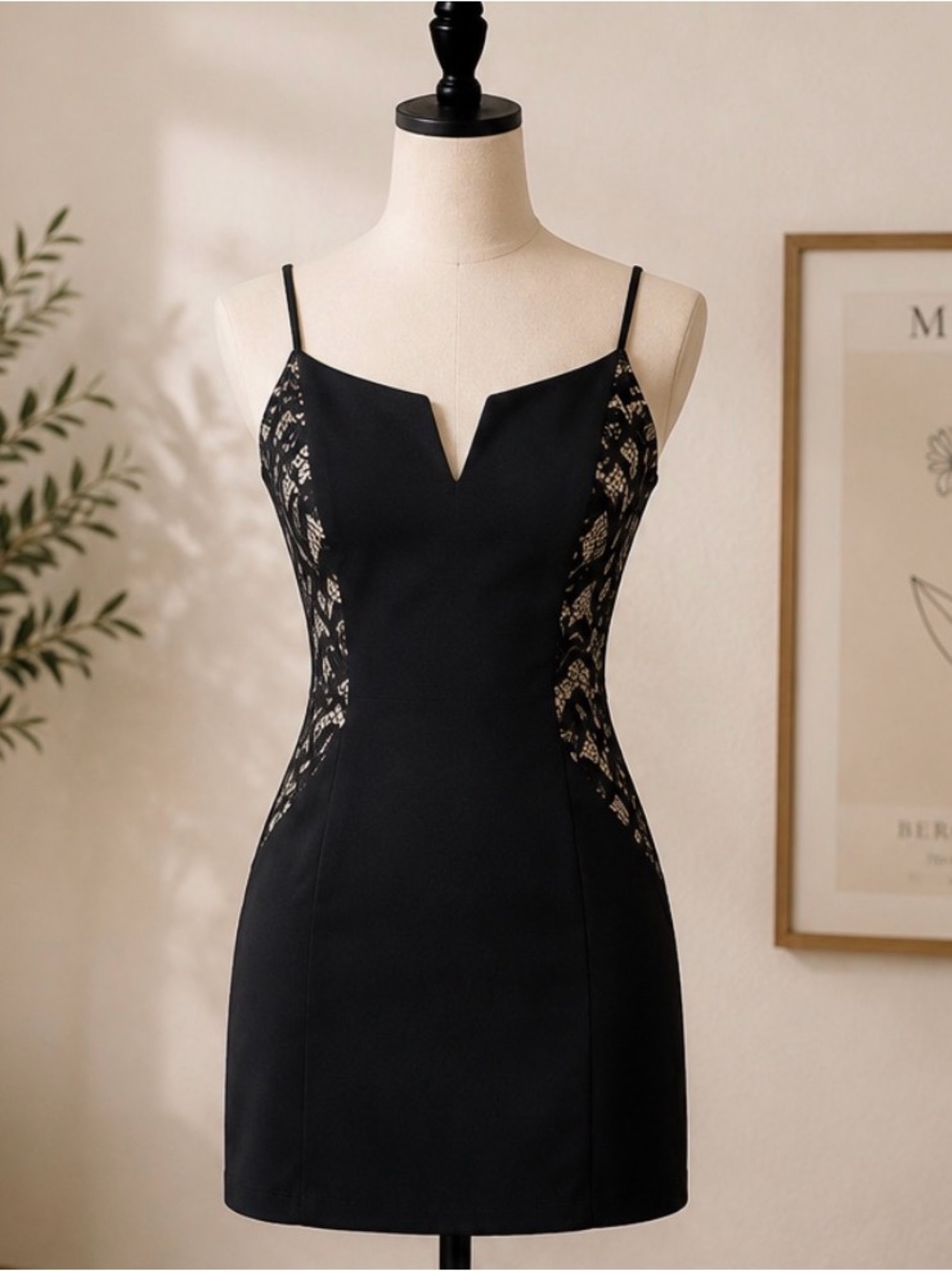 Elegant Black Lace-Panel Spaghetti Strap Dress